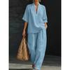 Women's V Neck Three Quarter Sleeve Loose Fit Solid Color Linen Blend 2 Piece Outfit High Waist Wide Leg Pants Casual Summer Loungewear Set