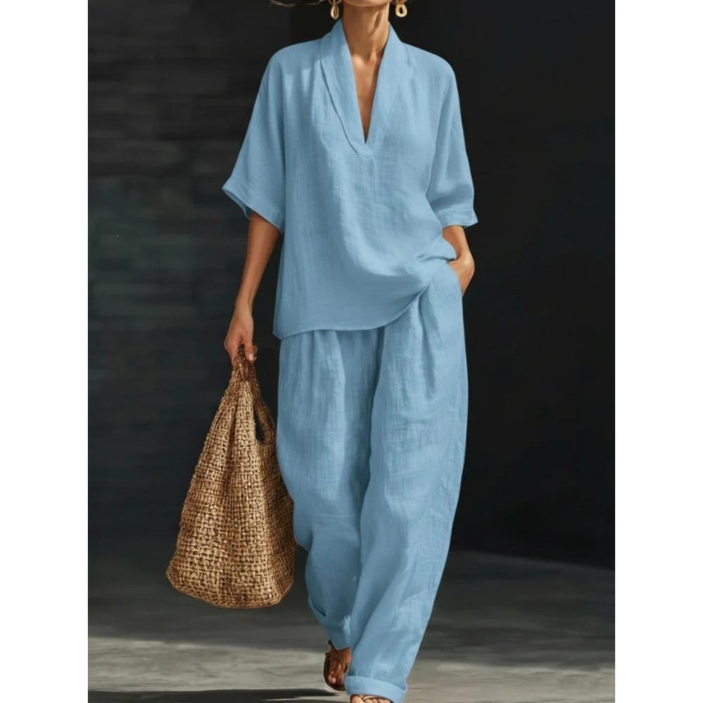 Women's V Neck Three Quarter Sleeve Loose Fit Solid Color Linen Blend 2 Piece Outfit High Waist Wide Leg Pants Casual Summer Loungewear Set