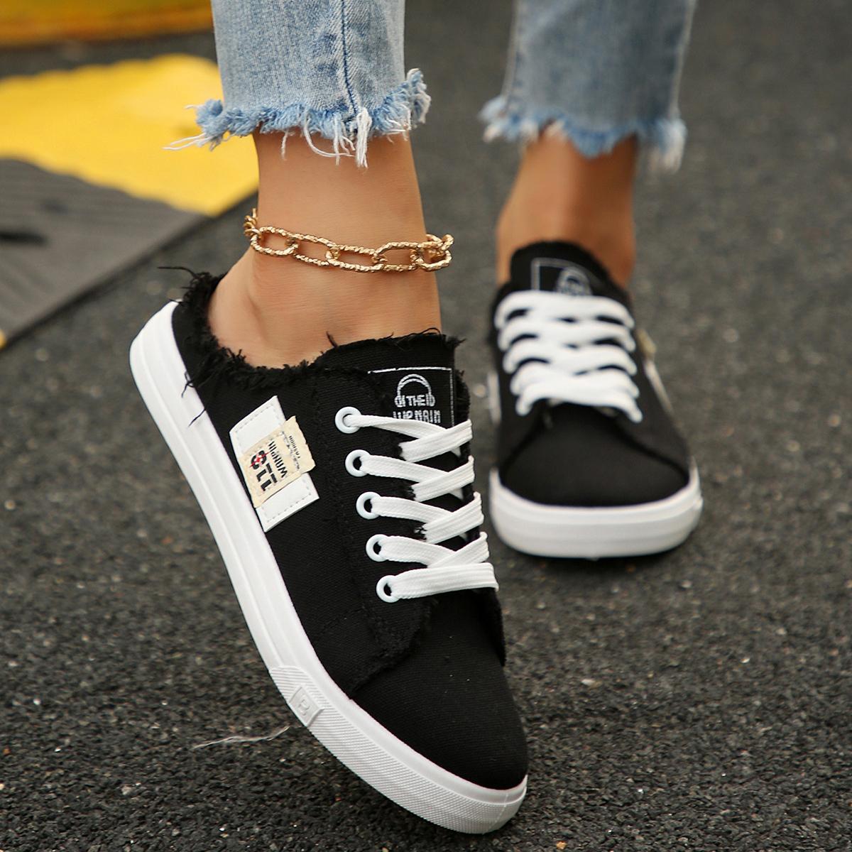 

Модные женские парусиновые кеды на весну-лето, низкие, джинсовые кеды, женские кеды на шнуровке, плоская парусиновая удобная обувь для женщин 41 чёрный