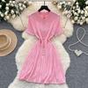 French Retro Polo Collar Short-sleeved Metal Buckle Waist Thin Knitted Dress Women's Summer Foreign Style Age-reducing Skirt