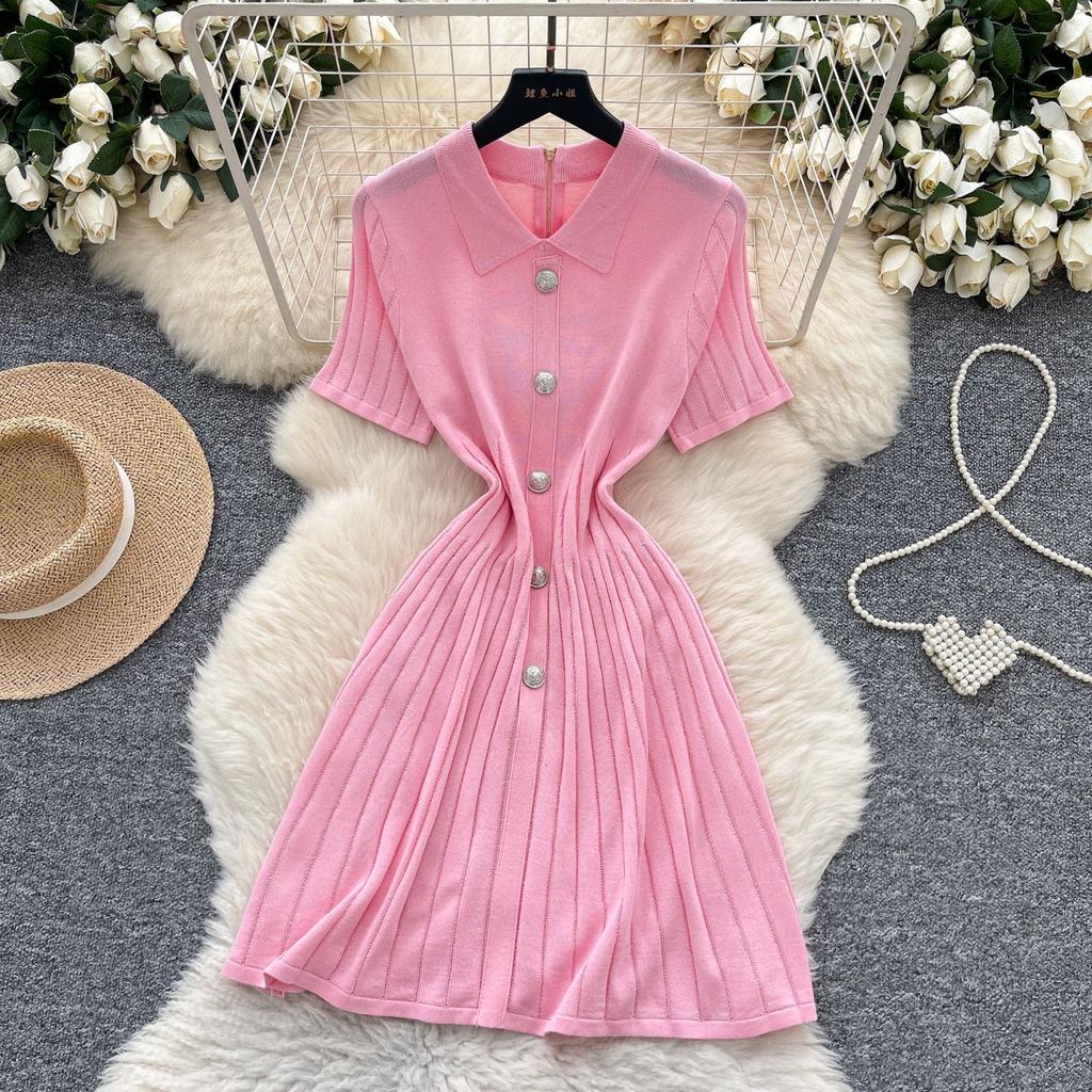 French Retro Polo Collar Short-sleeved Metal Buckle Waist Thin Knitted Dress Women's Summer Foreign Style Age-reducing Skirt