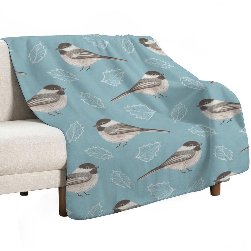 Chickadees and Frosted Leaves Throw Blanket Soft Comfort Blanket for Reading Watching TV