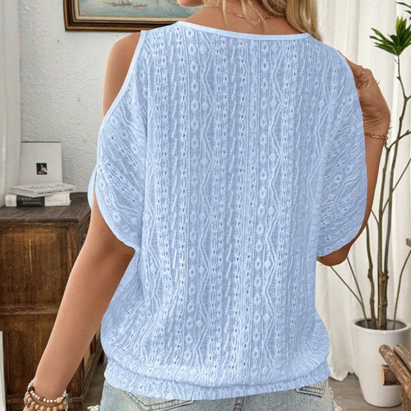 Ladies Summer Hollow Batwing Sleeve Solid Color Pullover Lace T Shirt Top