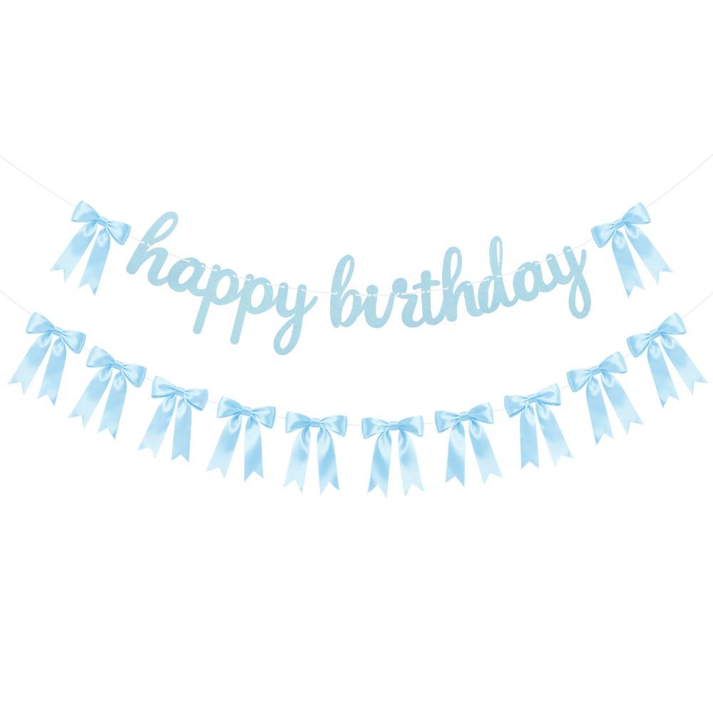 Double Layer Blue Bow Birthday Banner 12 Satin Bows Glitter Script Letters Happy Birthday Banner Pre-Strung 3m/9.84ft