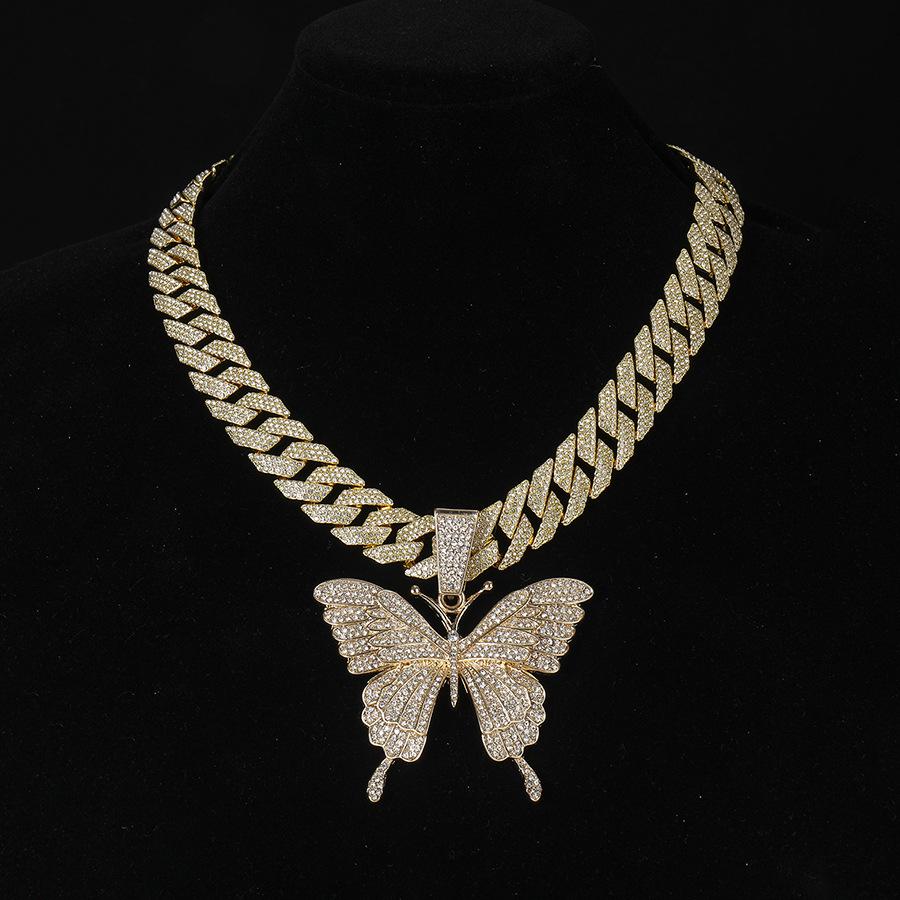 European & American Bold Butterfly Pendant Rhinestone Alloy Necklace Set - Hip Hop Cuban Chain Accessories. 18 inch/45 cm