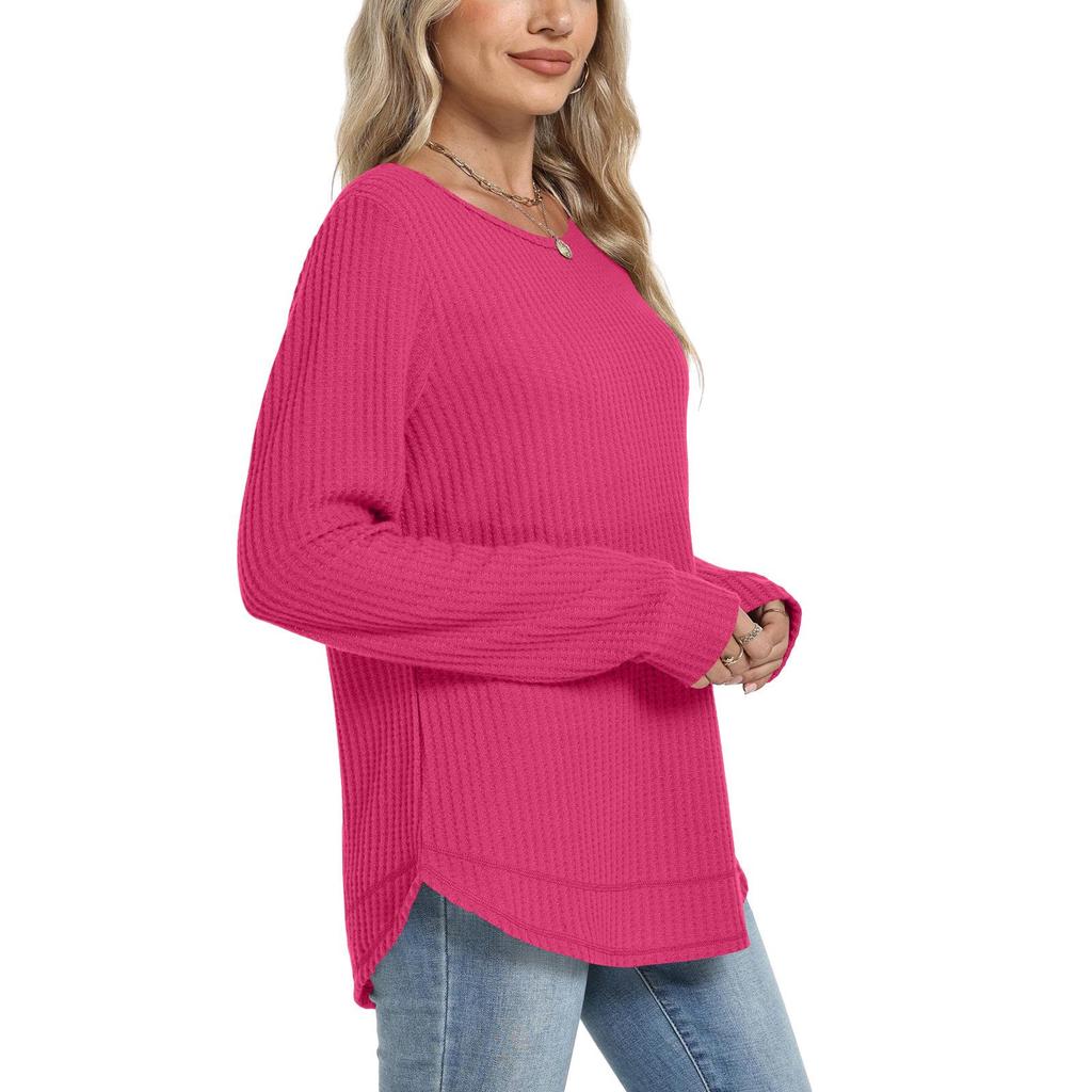 2025 European Style Women's Casual Loose Solid Long Sleeve Waffle Knit Round Neck Top