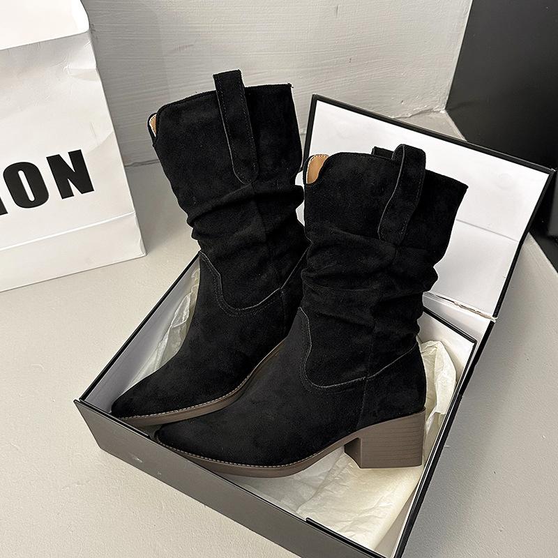 Vintage Suede Khaki Medium and High Boots Western Boots Women's Boots 2025 Early Autumn New Thick Heel Pointed Pile Boots