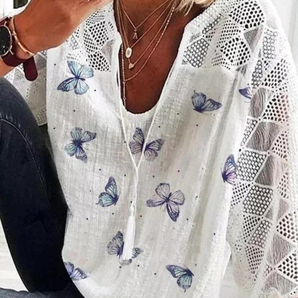 2025 Sommer-Top aus Mesh mit V-Ausschnitt und Schmetterlingsdruck für Damen