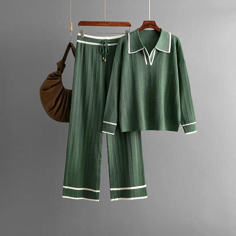 Herbst Winter 2 Stück Damen Sets Gestrickter Trainingsanzug Polokragen Pullover und gerade Jogginghose Anzüge Damen Outfits Pullover