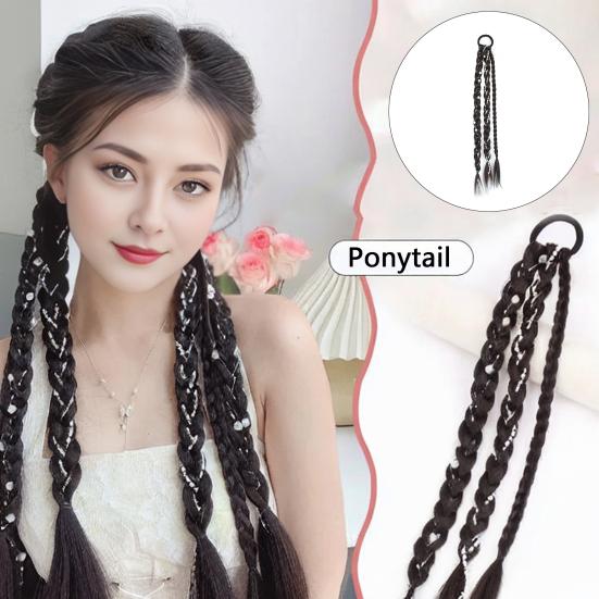 

Женский длинный плетеный хвост с завязкой для волос из искусственного жемчуга Натуральный пушистый прямой хвост для девочек Синтетический шиньон