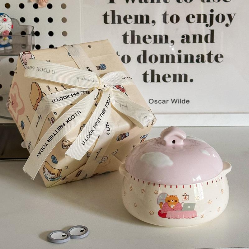 Ins Cute Ceramic Steamed Egg Bowl with Lid Crock Pot Binaural Stew Cup Soup Cup Household Steamed Egg Custard Children's Special Bowl