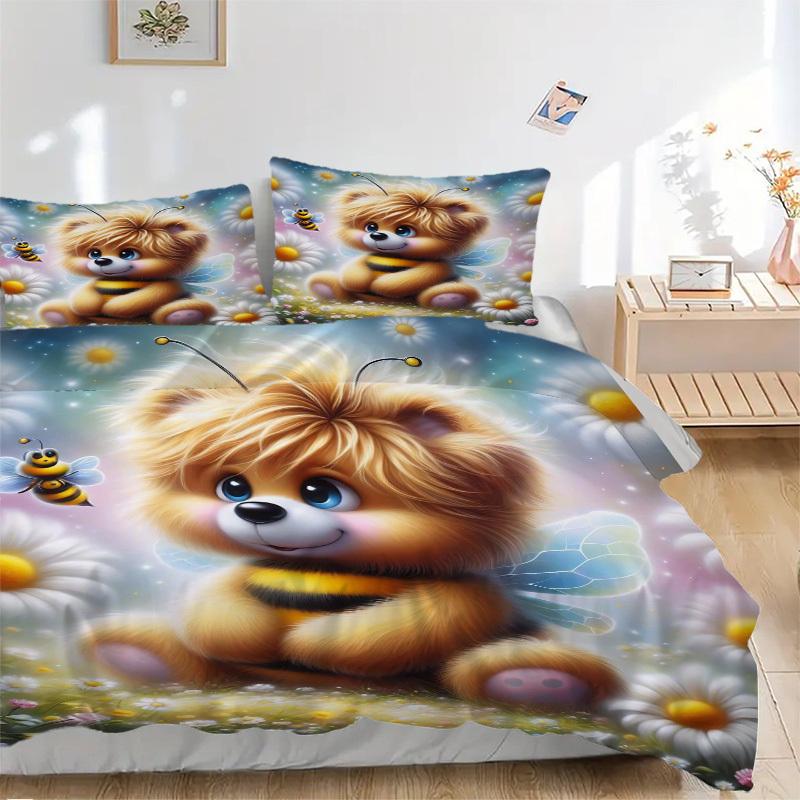 3pcs Anime Cartoon Design Bee Bear Bedding Set - Includes One Quilt Cover and Two Pillowcases (No Core) - Polyester Fabric, Suitable for Bed