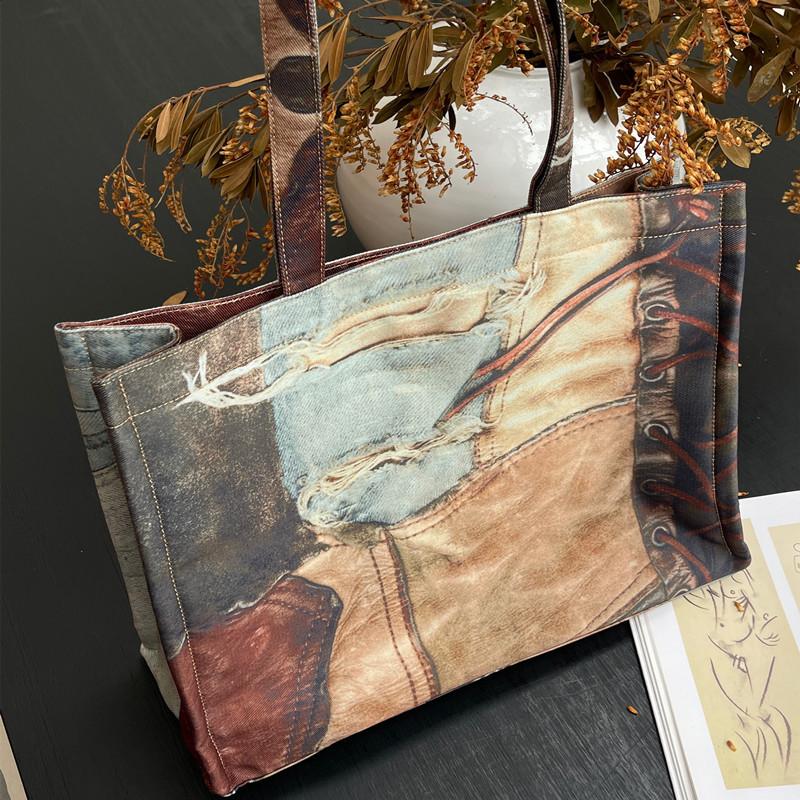 

Ретро-джинсовая масляная живопись сращивание большой емкости сумка европейский и американский нишевый дизайн шелкографии