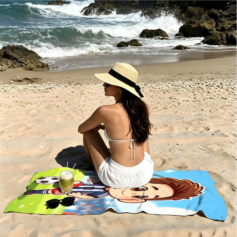 Chibi Cartoon Soccer Boy Beach Towel, Wrinkle Resistant, Adorable Print Towel For Family Travel & Beach Days