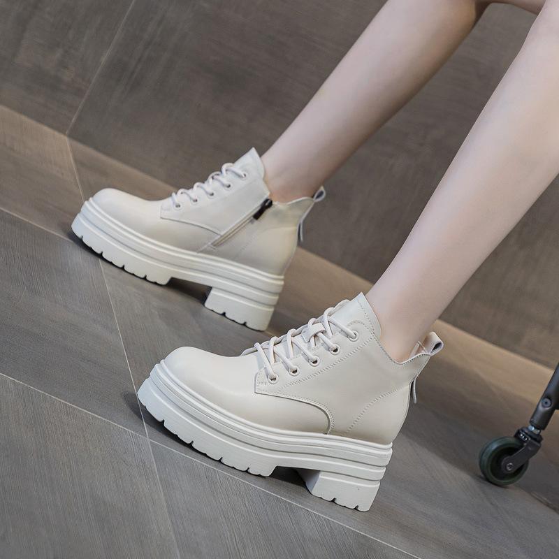 Autumn and winter new women's boots thick sole heightened new muffin bottom middle help casual lace-up short boots women's tide velvet