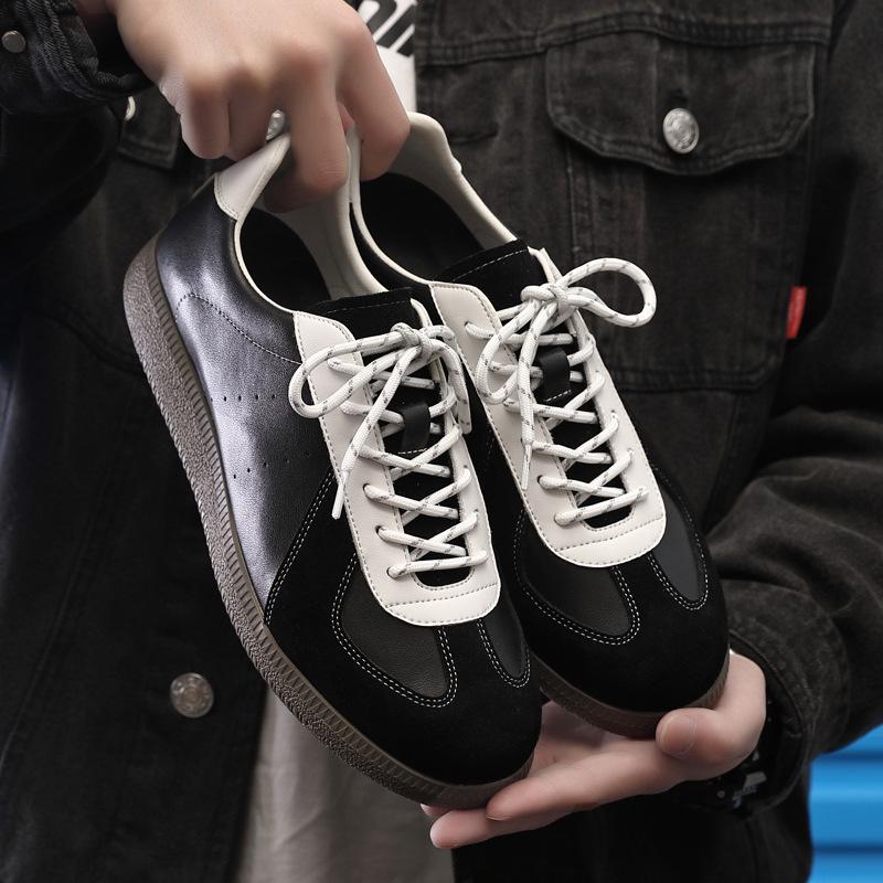 2025 spring new leather trend niche flat heel sports and leisure shoes versatile board shoes men's retro German training shoes