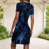 Women Plus Size Short Sleeve Round Neck Fitted Mini Dress Blue Abstract Print