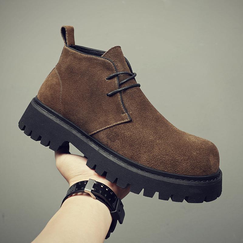 High-top leather shoes men's 2025 autumn new retro thick-soled heightened fur Martin boots genuine leather medium-top short boots