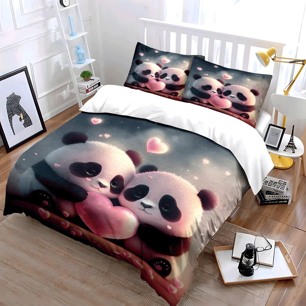 Adorable Panda Love Set Design Exquisite Three-Piece Bedding Set Gift For Kids And Adults