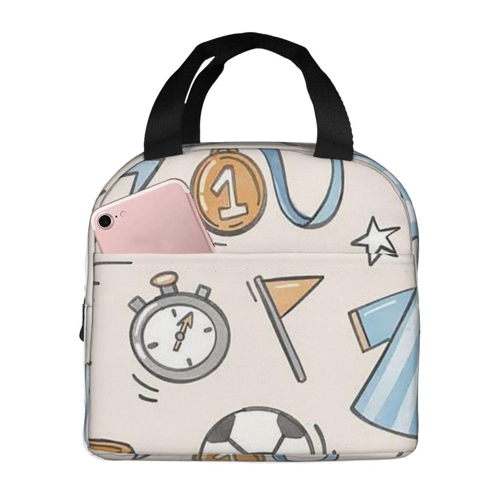 Fútbol Elemento Deportivo Patrón Deportivo Bolsa de Almuerzo Aislada para Mujeres Niños Portátil Cajas de Comida Lonchera Térmica Bolso Tote