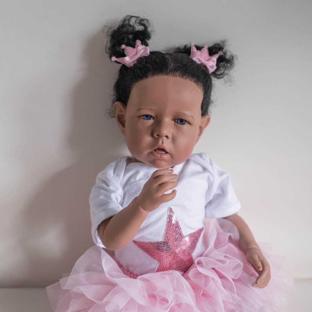 20'' 50 Cm Reborn Girl Baby Dolls Liam with Dark Skin Soft Cloth Body Simulation Dolls Handmade Rooted Curly Hair Lifelike Rebirth Doll Kids Xmas Gift
