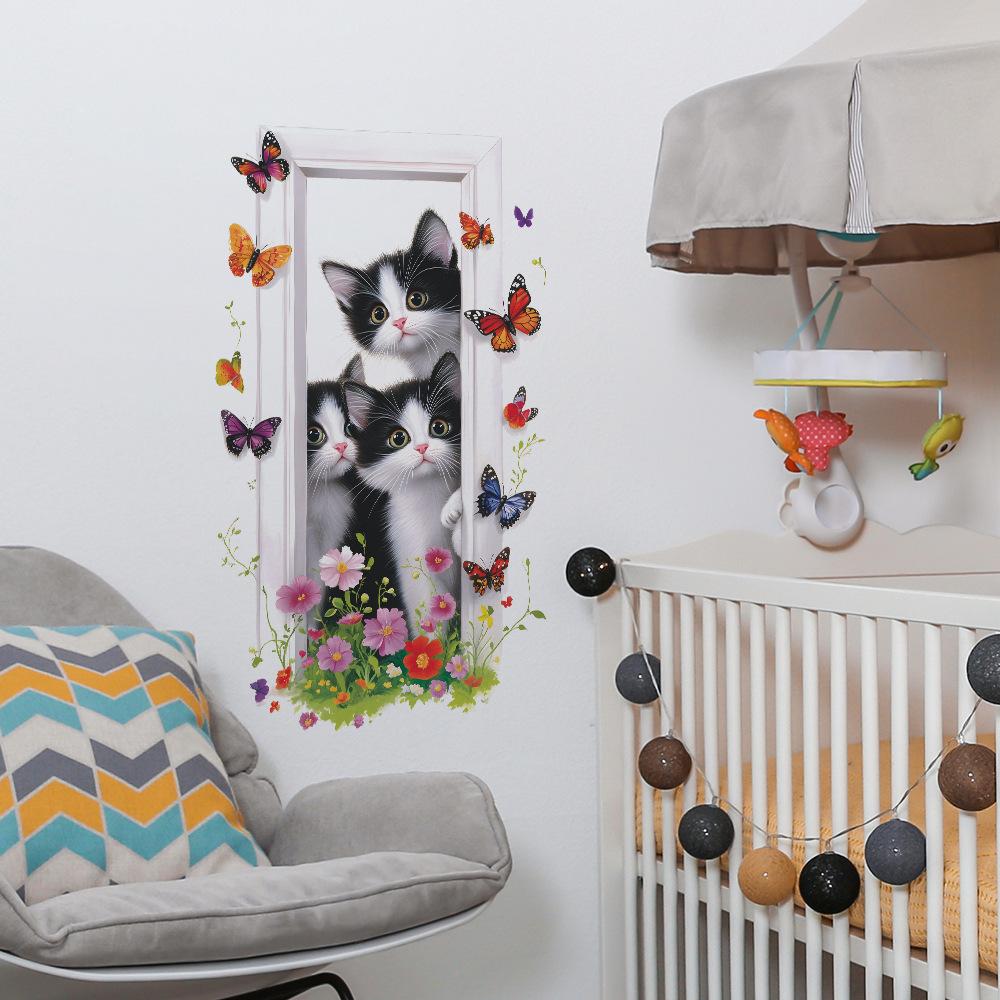 Cartoon Dorky Cat Butterfly Bedroom Living Room Door Beautification Decoration Wall Stickers