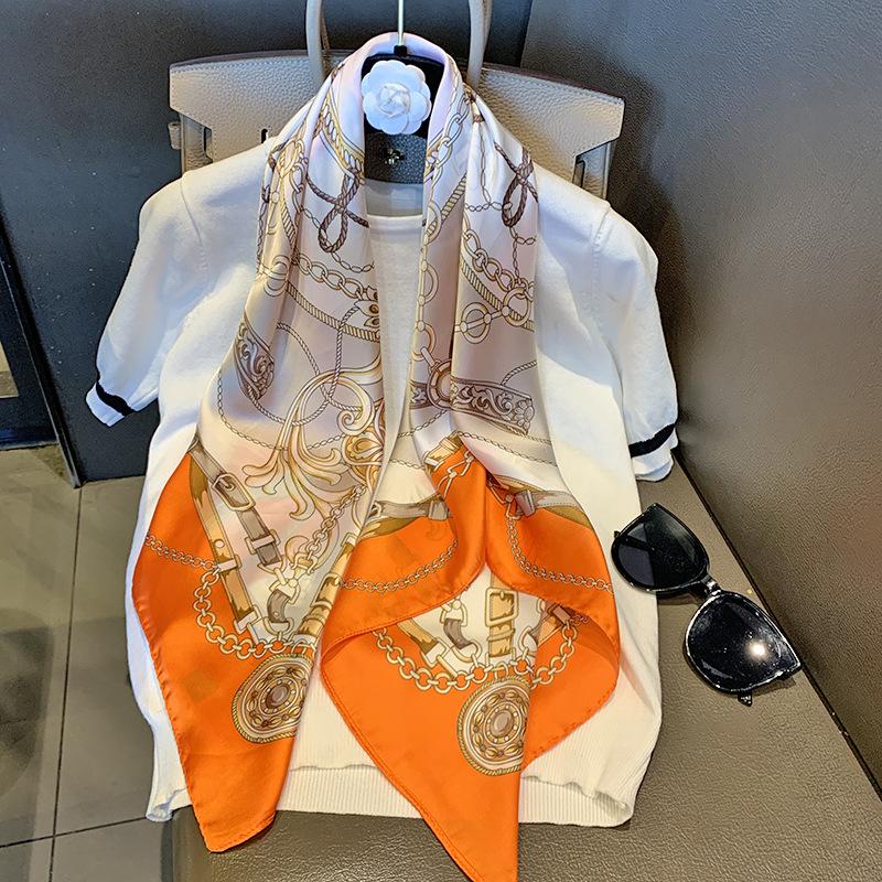 Orange Scarf Chain Simulation Silk Silk Scarf High-grade Silk 111 Silk Square Scarf Sunscreen Shawl Fashion Scarf Silk