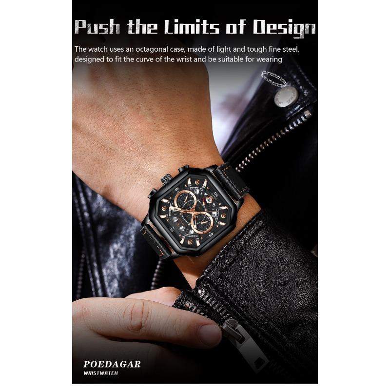 POEDAGAR Luxury Chronograph Square Man Watch Waterproof Luminous Date Men Watch Sports Leather Men's Watches Quartz