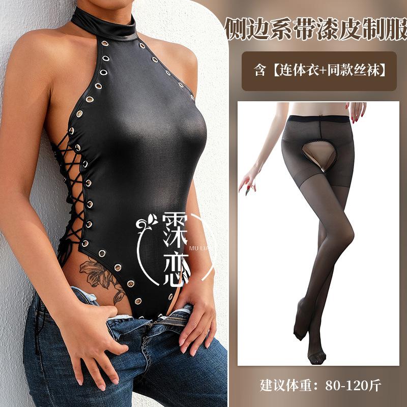 Patent Leather Uniform Sexy Side Lace-up Sex Underwear Skinny Neck One-piece Clothes Nightclub
