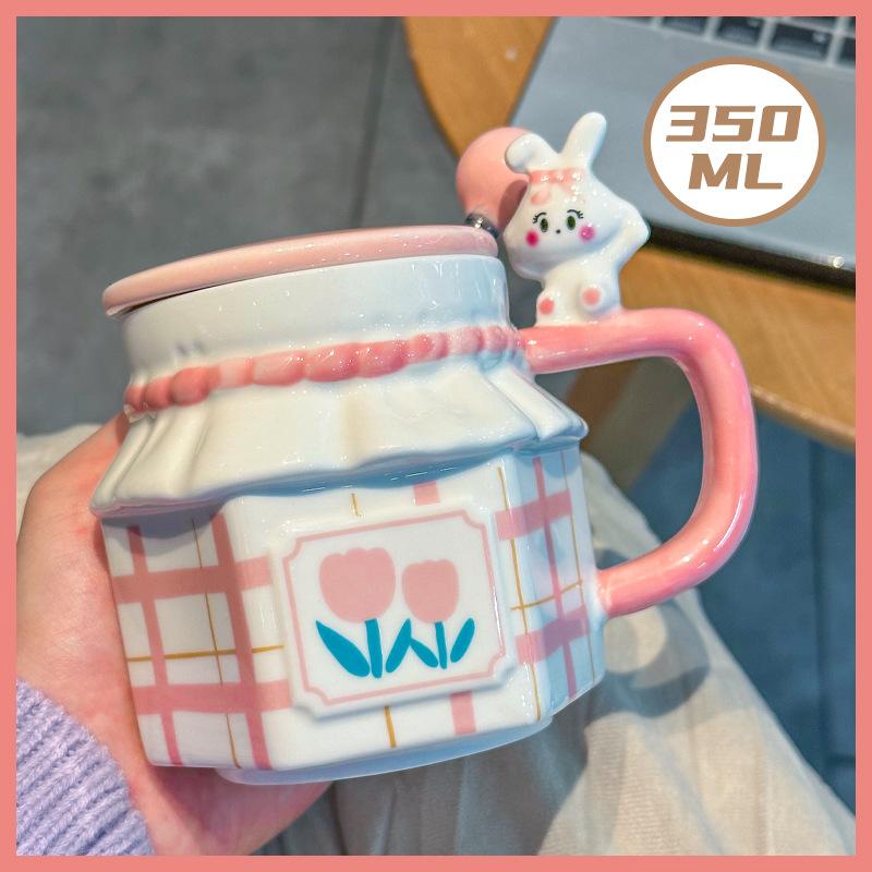 

Милая чашка-тюльпан с кроликом, креативная керамическая чашка для студентки, детская чашка, офисная кружка, высокий внешний вид 350ML