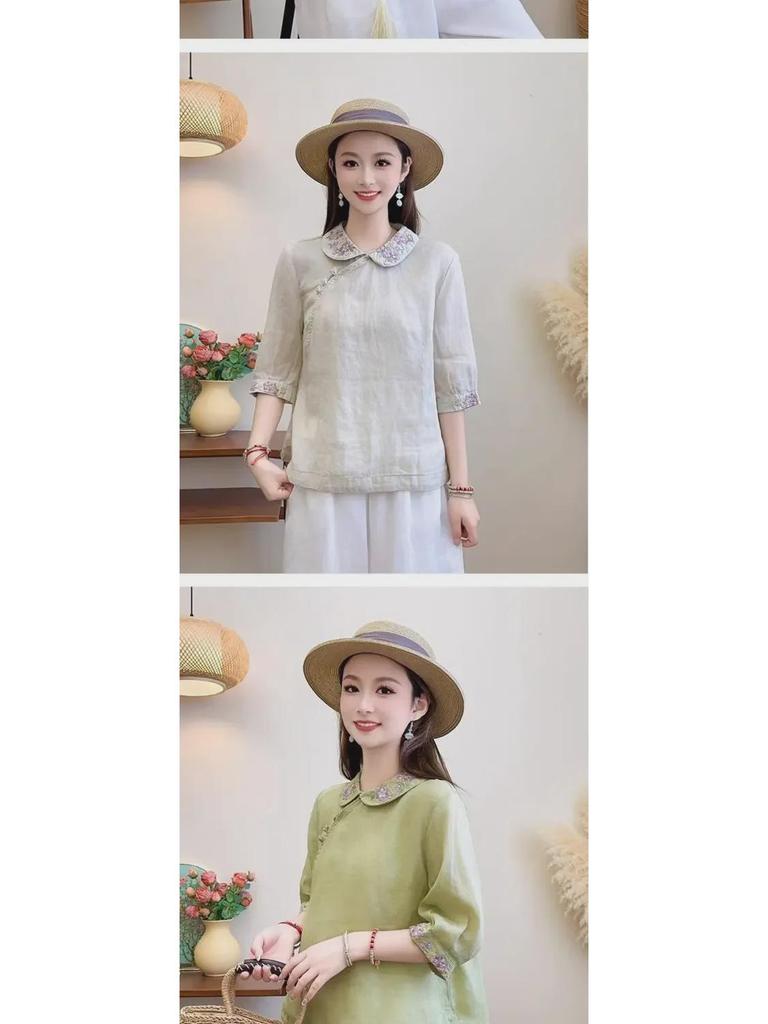 Women's Retro Folk Style Lapel Shirt with Oblique Collar and Chinese Button Design in Cotton-Linen