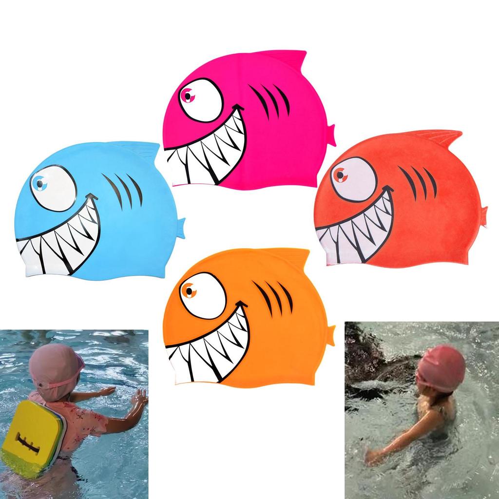 Fish Shaped Swimming Cap Bathing Cap Elastic Anti-slip Cute Soft Water Resistant Swim Gear Swimwear Hat for Kids Boys Girls