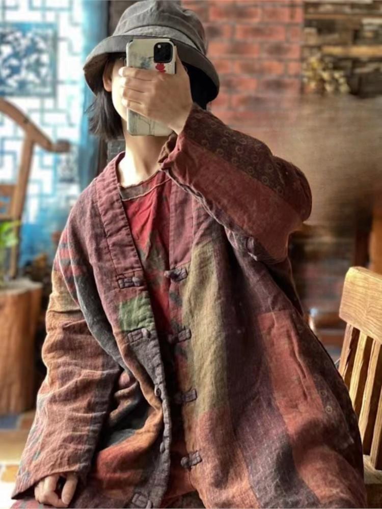 Johnature Women Patchwork Loose Long Coats