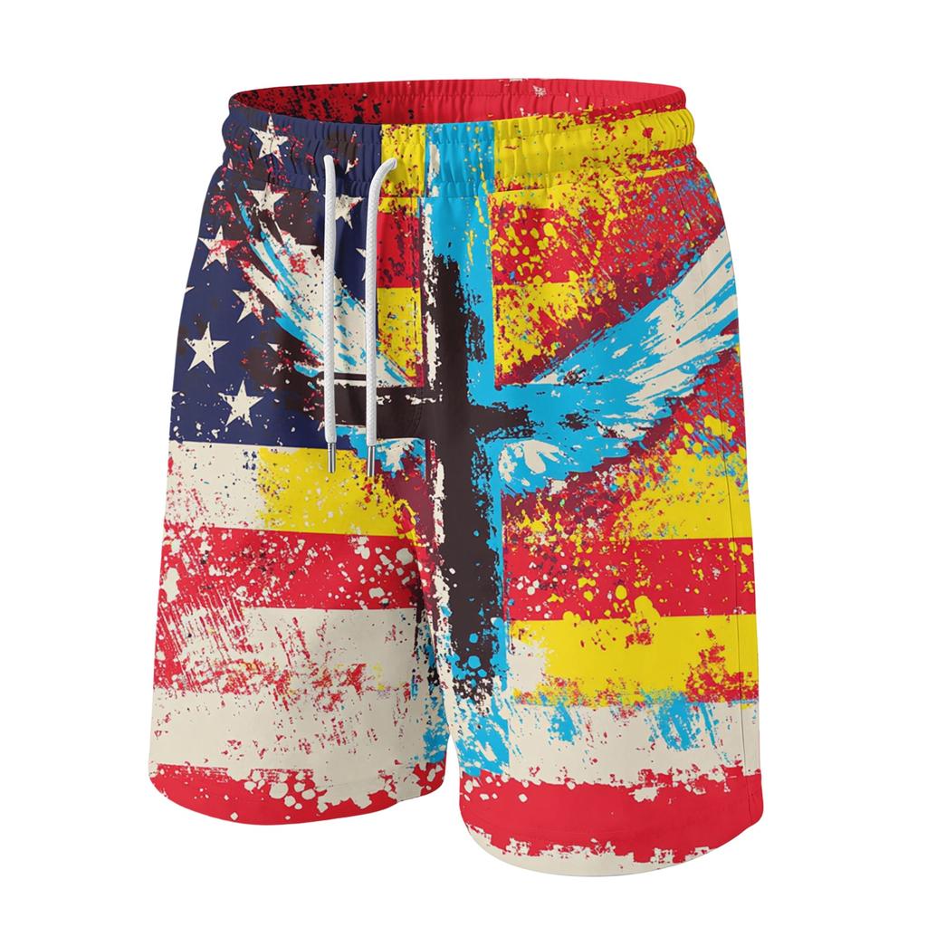 Men's Independence Day Print Drawstring Shorts - Elastic Waist Casual Summer Beach Shorts