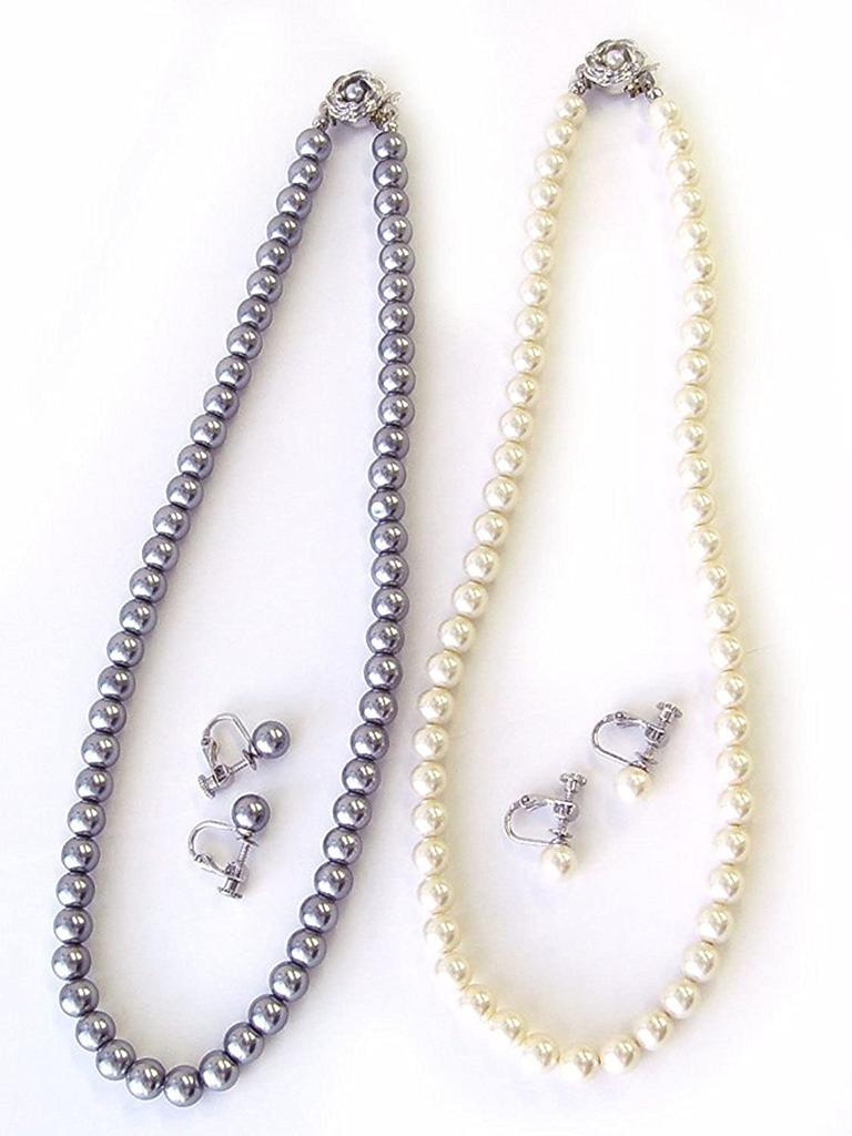 and Me Jewelry Faux Pearl Necklace and Earrings Set Black and White Made in Japan [You Box] - 2-Piece Set, 7.0mm Pearls, 42cm,