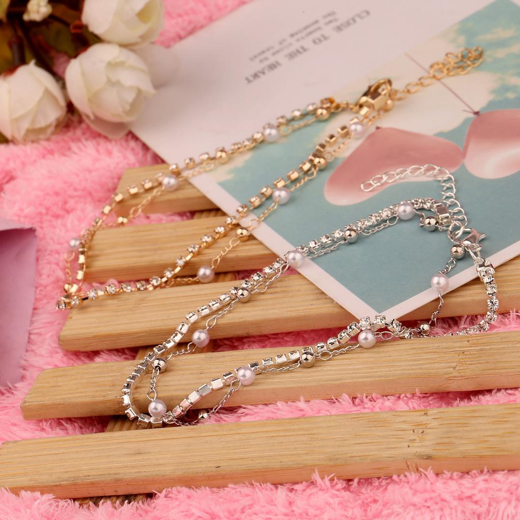 Europe, America, pearl double-layer bead chain alloy anklet women, fashionable handmade diamond-encrusted beach anklet foot decoration