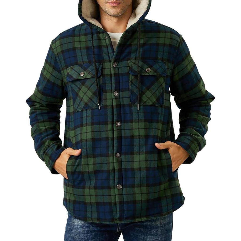 Men's Quilted Lined Button Down Plaid Shirt Add Velvet To Keep Warm Jacket With Hood