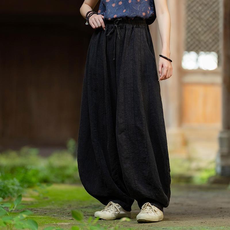 Spring Cotton and Linen Women's Literature and Art Retro Loose Sand Wash Stitching Pumpkin Pants Women's Niche Zen Meditation Bloomers