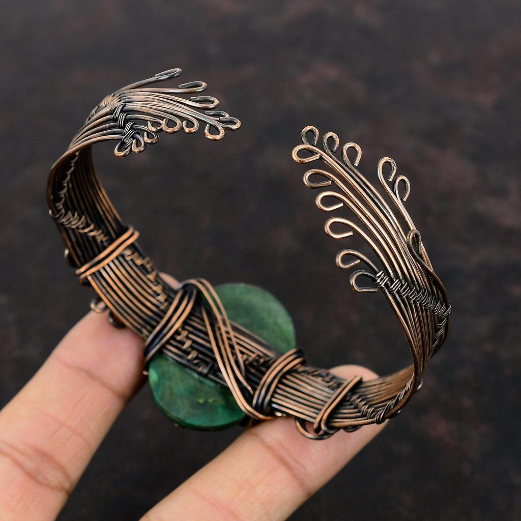 Malachite Cuff Bracelet Copper Wire Wrapped Bangle Adjustable Bangle Handmade Jewelry Gemstone Bracelet Antique Copper Jewelry Wedding Gift