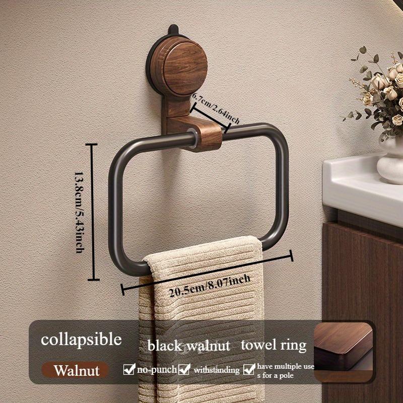 Vintage Walnut Wood Towel Ring with Suction Cup Mount, No-Drill Wall-Mounted Bathroom Towel Holder