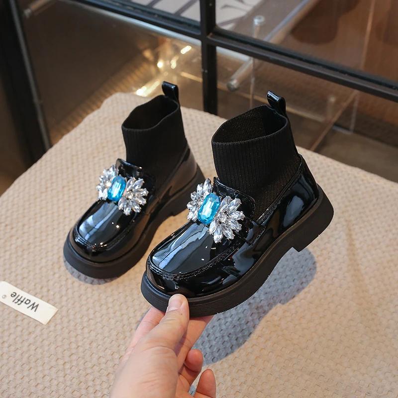 Rhinestone Girls Shoes Children's Leather Boots Autumn Winter Baby Fashion Anti-Slippery Rubber Sole Footwear Zapatos De Niña