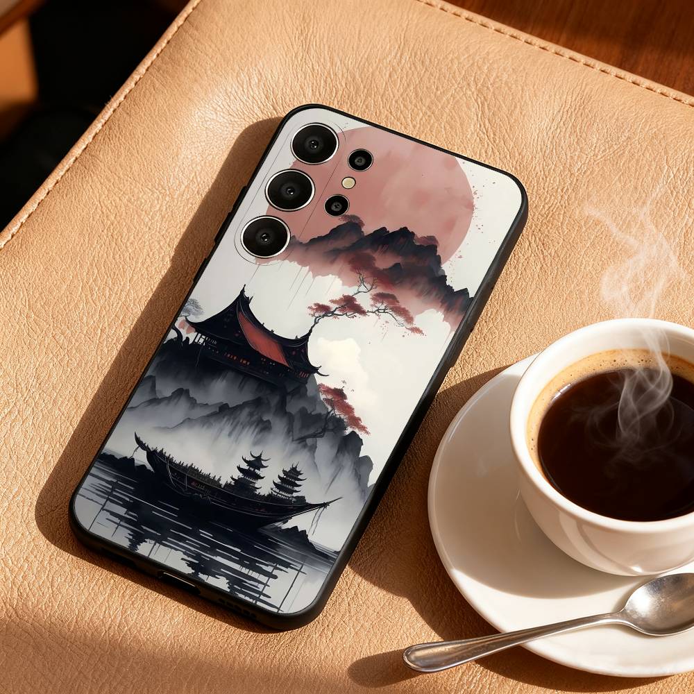 Japanese Landscape Art Elements Phone Case For Samsung S26,S25,24,23,22,30,21,10,9,Ultra,Plus,Lite,Black Soft Case