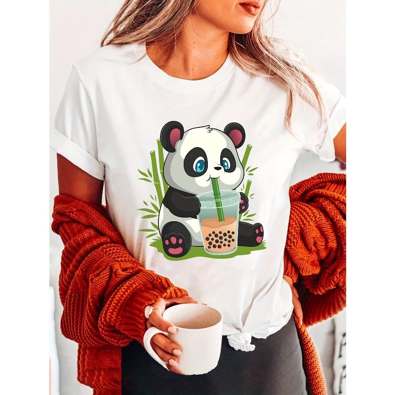 Panda Print Crew Neck T-Shirt, Casual Short Sleeve T-Shirt For Spring & Summer, Women's Clothing
