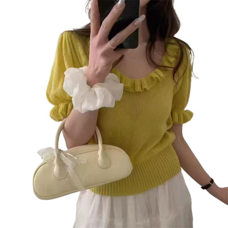 Korean Style V-Ne Knitted Top Women's Spring Summer Thin Micro-Light Waist-Cinching Spicy Girl Faion Wood Ain Design