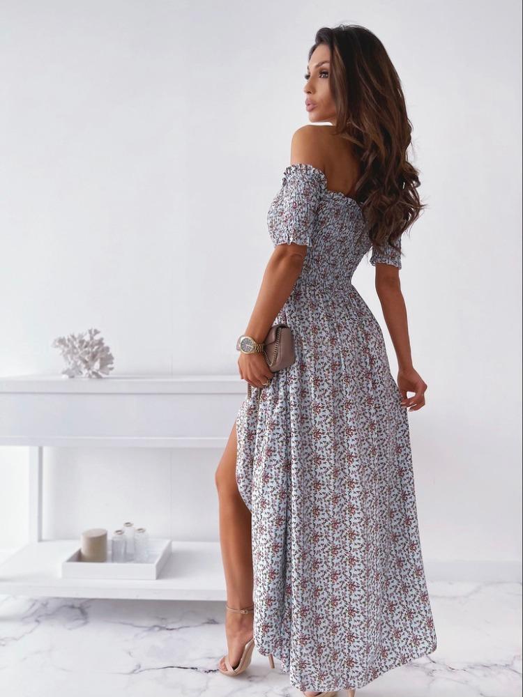 Women Summer Off Shoulder Floral Slim Slit Long Maxi Comfortable Dress Lightweight High Recognition Elegant with Flattering Chic Dress