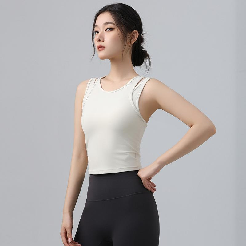 New women s sports vest solid color round neck wide shoulder strap beautiful back comfortable fixed cup chest pad fitness yoga vest S