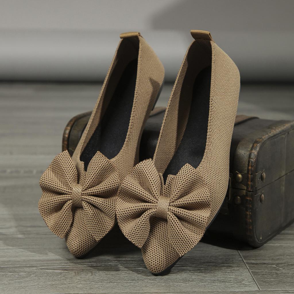 Flat-bottomed fly-woven single shoes 2025 new large-size pointed head shallow mouth bow foot cover four-season comfortable Doudou shoes women