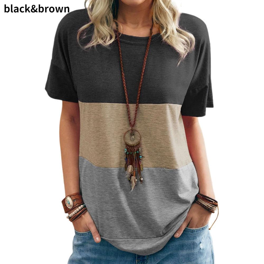 S-5XL Europäisches und amerikanisches Frühlings- und Sommer-T-Shirt für Damen mit Farbkontrasten, Tasche, Rundhalsausschnitt, kurzärmeliges, lockeres Oberteil