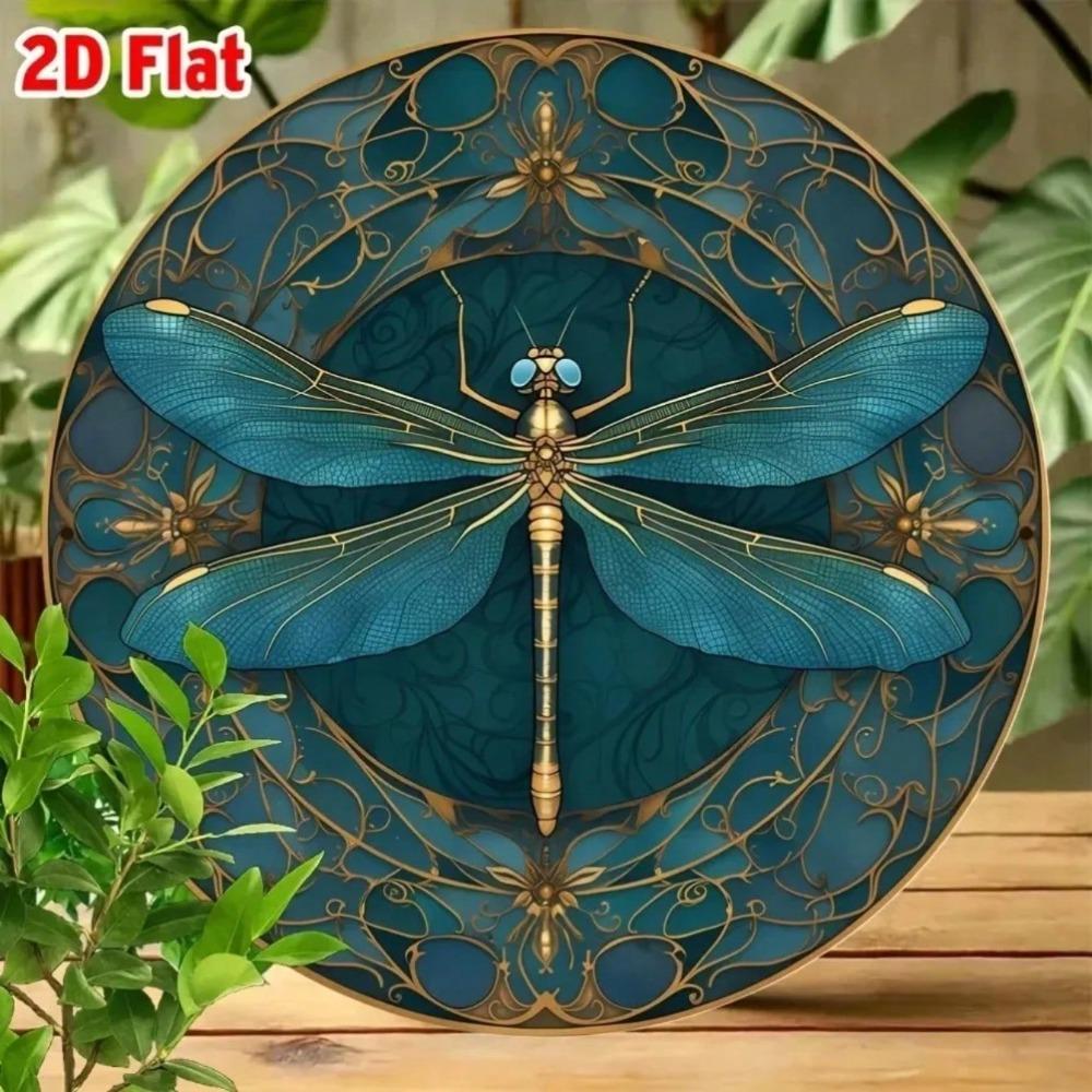 Vintage Dragonfly Metal Tin Sign Round Garden Home Wall Decor Art Gold Pattern 20x20