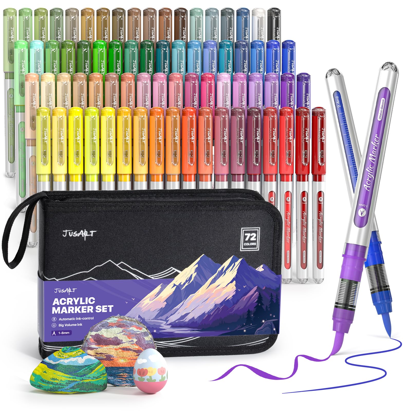 

JusArt Acrylic Marker Pens, 72-Color Set, Water-Based, Glittery, Broad Tip, Large Capacity, Suitable for Illustrations, Fabric, Glass, Plastic, Stone,
